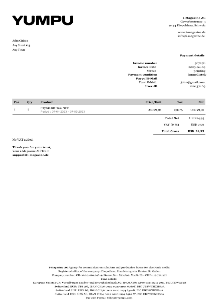 Switzerland Yumpu invoice Word and PDF template PSD template